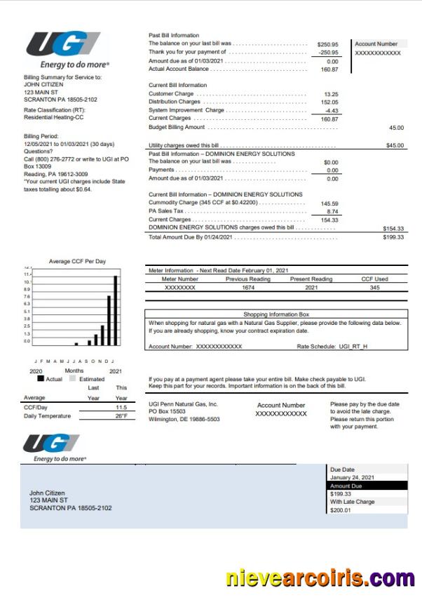 USA Pennsylvania UGI Utilities utility bill